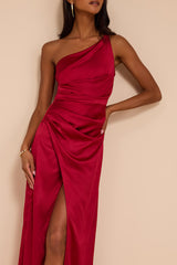 Dreaming of Elegance Wine Red Satin One-Shoulder Maxi Dress