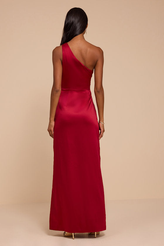 Dreaming of Elegance Wine Red Satin One-Shoulder Maxi Dress