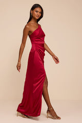 Dreaming of Elegance Wine Red Satin One-Shoulder Maxi Dress