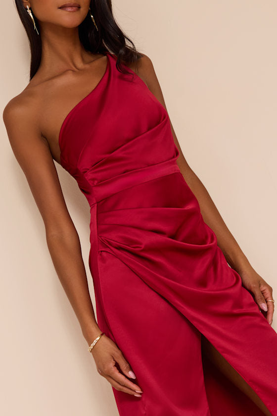 Dreaming of Elegance Wine Red Satin One-Shoulder Maxi Dress