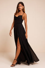 Romantically Speaking Black Cowl Lace-Up Maxi Dress
