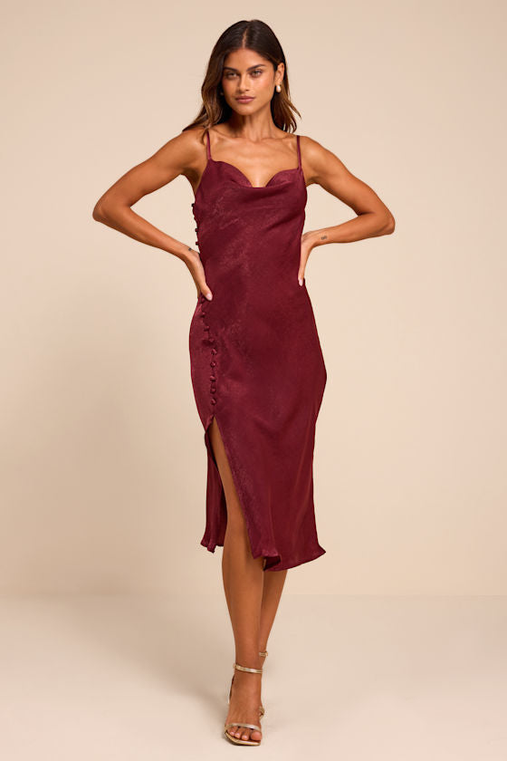 Slinking Out Loud Burgundy Satin Side Button Slip Dress