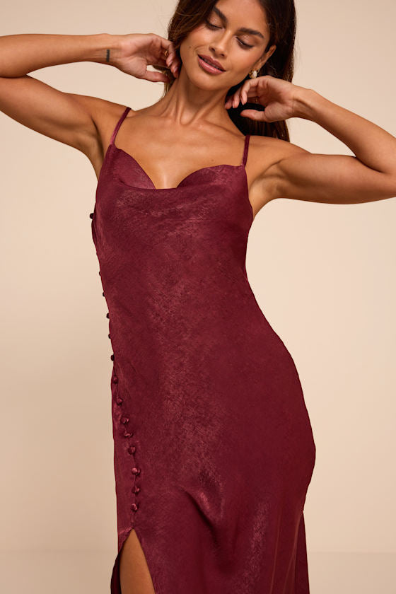 Slinking Out Loud Burgundy Satin Side Button Slip Dress