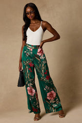 Thriving Vibes Green Floral Print Satin Wide-Leg Pants