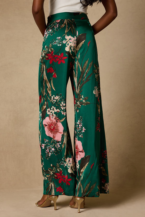 Thriving Vibes Green Floral Print Satin Wide-Leg Pants