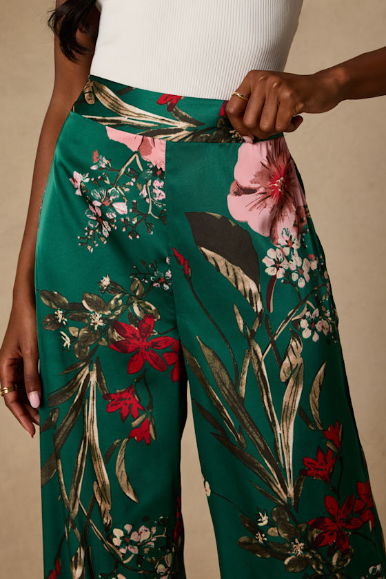 Thriving Vibes Green Floral Print Satin Wide-Leg Pants