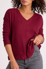 Just Vibing Wine Red Ribbed V-Neck Sweater Top