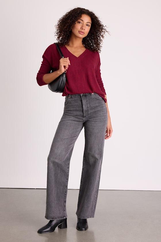 Just Vibing Wine Red Ribbed V-Neck Sweater Top