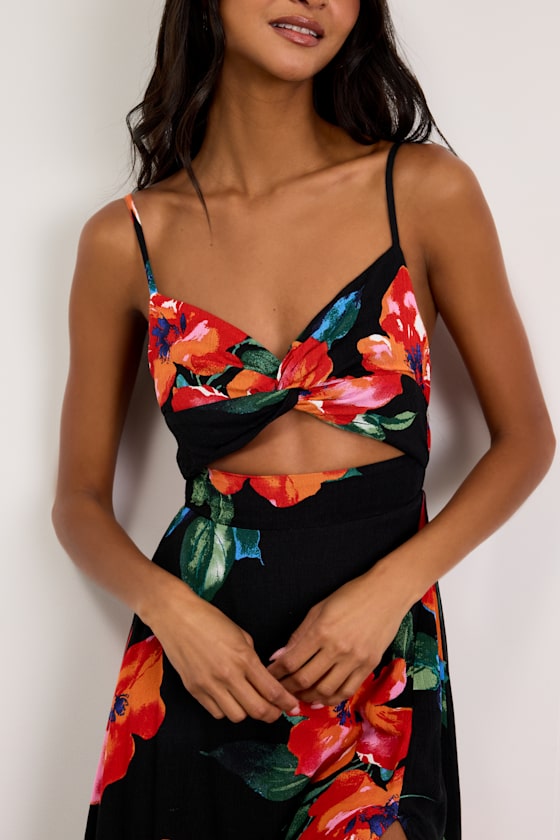Tropical Blooms Black Floral Print Tie-Back Cutout Dress