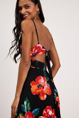 Tropical Blooms Black Floral Print Tie-Back Cutout Dress