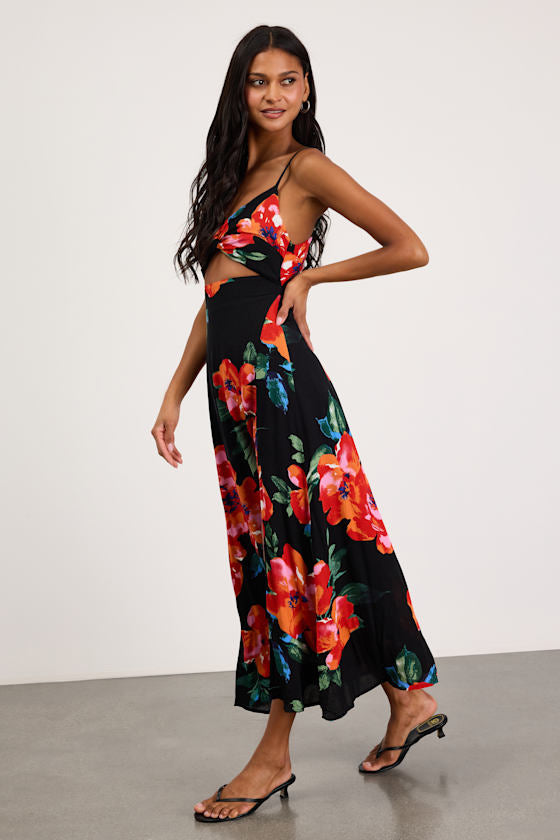 Tropical Blooms Black Floral Print Tie-Back Cutout Dress