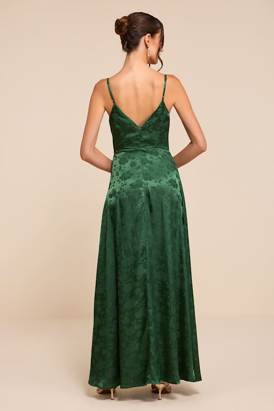 Simply Dreamy Emerald Green Satin Floral Jacquard Maxi Dress
