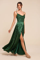 Simply Dreamy Emerald Green Satin Floral Jacquard Maxi Dress