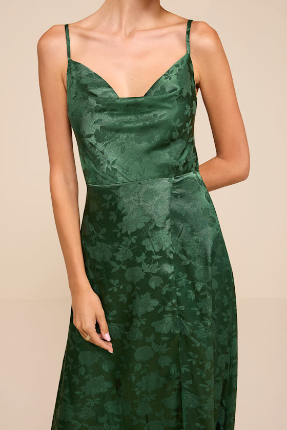 Simply Dreamy Emerald Green Satin Floral Jacquard Maxi Dress