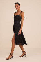 Loveliest Looks Black Floral Jacquard Tie-Strap Midi Dress