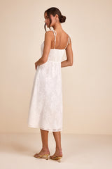 Loveliest Looks White Floral Jacquard Tie-Strap Midi Dress