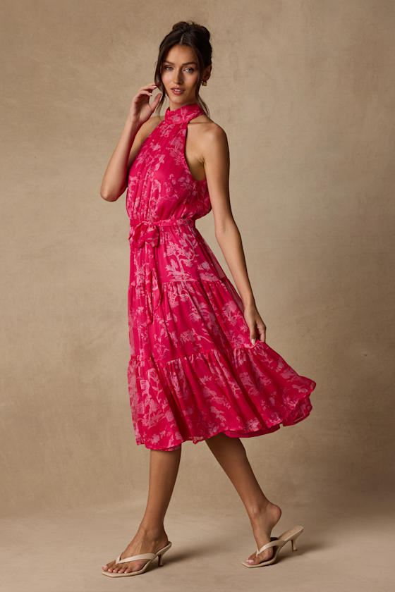 Float to You Hot Pink Floral Print Halter-Neck Tiered Midi Dress