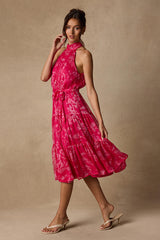 Float to You Hot Pink Floral Print Halter-Neck Tiered Midi Dress