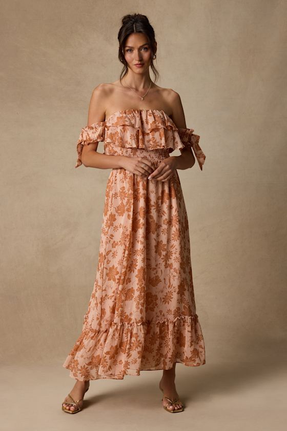 Love and Blooms Blush Floral Print Off-the-Shoulder Dress