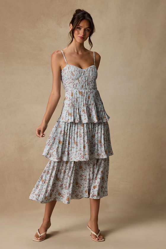 Cascading Crush Pale Blue Floral Print Tiered Bustier Midi Dress
