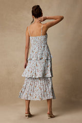 Cascading Crush Pale Blue Floral Print Tiered Bustier Midi Dress