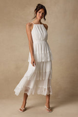 Came For Cocktails White Pleated Tiered Lace Maxi Dress
