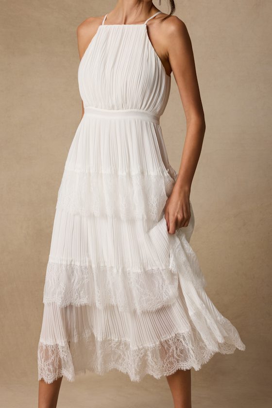 Came For Cocktails White Pleated Tiered Lace Maxi Dress