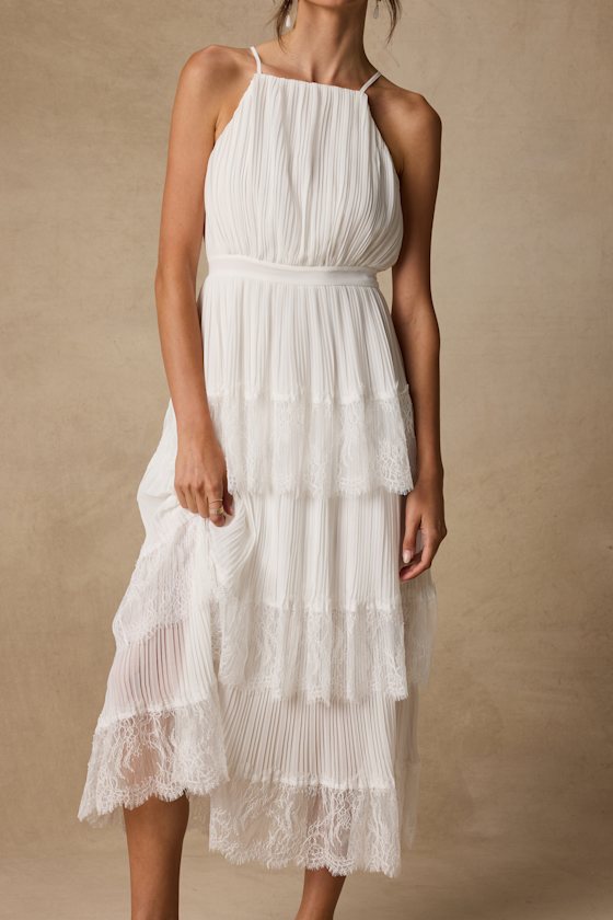Came For Cocktails White Pleated Tiered Lace Maxi Dress