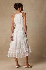 Came For Cocktails White Pleated Tiered Lace Maxi Dress