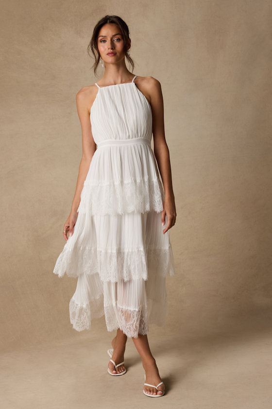 Came For Cocktails White Pleated Tiered Lace Maxi Dress