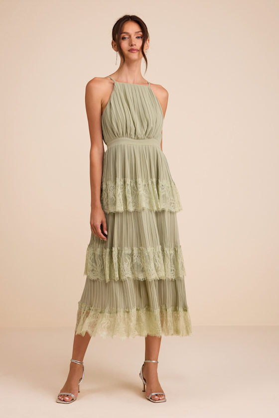 Came For Cocktails Sage Green Pleated Tiered Lace Maxi Dress