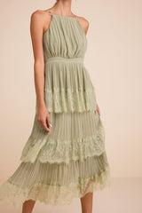 Came For Cocktails Sage Green Pleated Tiered Lace Maxi Dress