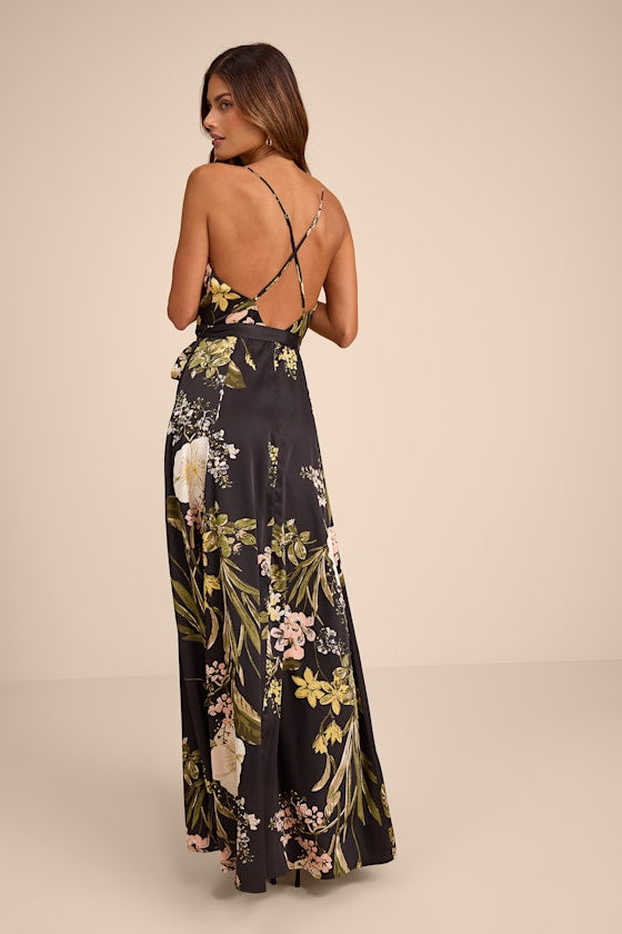 Still the One Black Floral Print Satin Maxi Dress