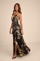 Still the One Black Floral Print Satin Maxi Dress