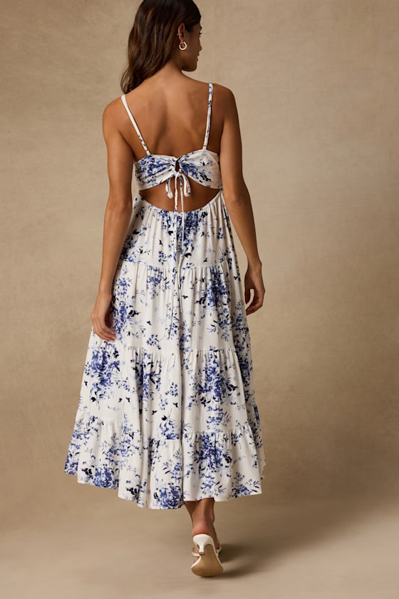 Mykonos Mood Ivory Floral Print Tie-Strap Tiered Midi Dress