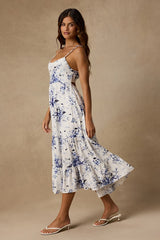 Mykonos Mood Ivory Floral Print Tie-Strap Tiered Midi Dress