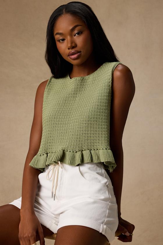 Flouncin' Around Dusty Olive Cropped Ruffled Sweater Tank