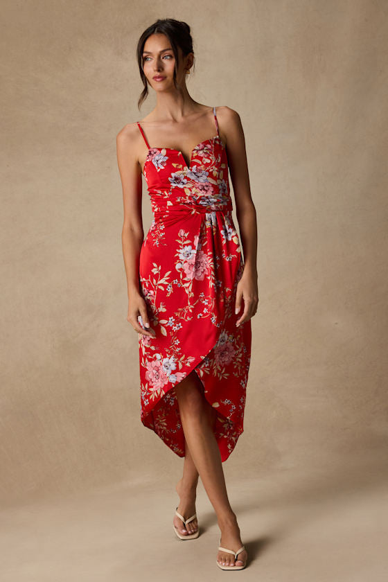 My Favorite Day Red Floral Print Tulip Skirt Midi Dress