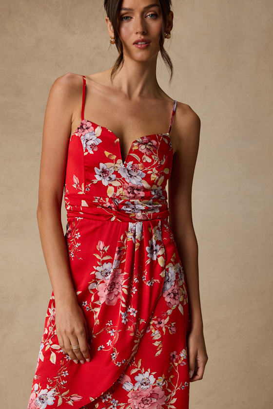 My Favorite Day Red Floral Print Tulip Skirt Midi Dress