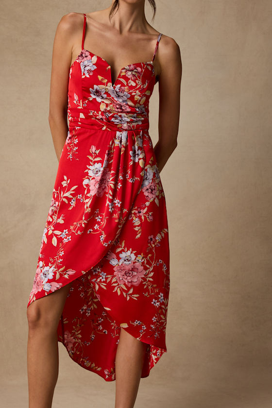 My Favorite Day Red Floral Print Tulip Skirt Midi Dress
