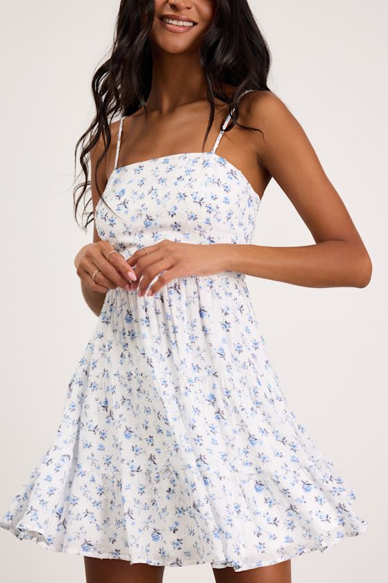 So Effortless White Floral Print Swiss Dot Tie-Back Mini Dress