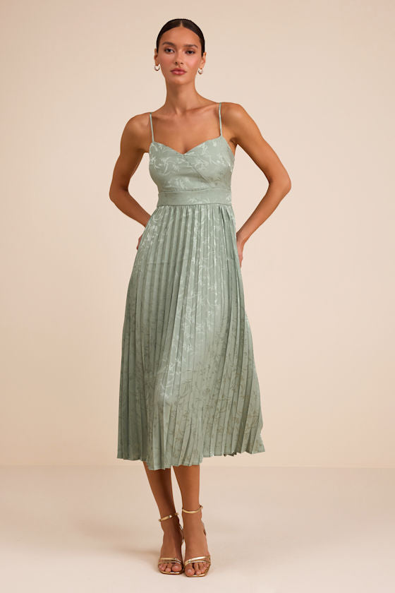 Regal Romance Sage Floral Jacquard Pleated Satin Midi Dress