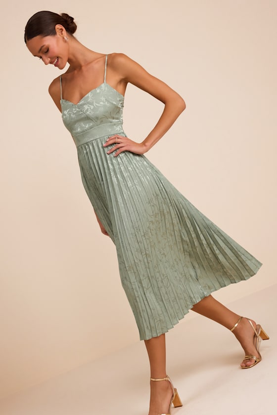 Regal Romance Sage Floral Jacquard Pleated Satin Midi Dress