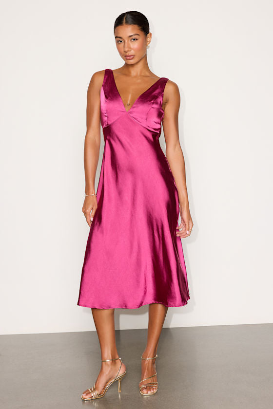 Incredible Love Magenta Satin Cowl Back Midi Slip Dress