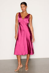 Incredible Love Magenta Satin Cowl Back Midi Slip Dress
