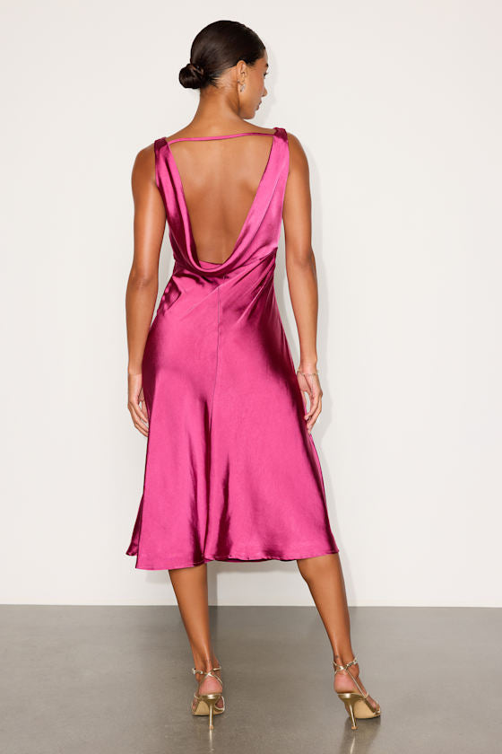 Incredible Love Magenta Satin Cowl Back Midi Slip Dress