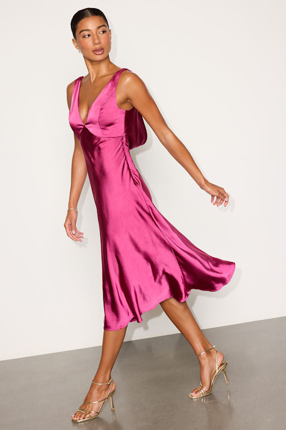 Incredible Love Magenta Satin Cowl Back Midi Slip Dress
