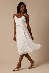 Never a Dull Moment White Tie-Strap Pleated Midi Dress