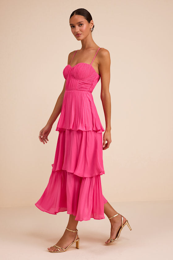 Cascading Crush Hot Pink Tiered Midi Dress