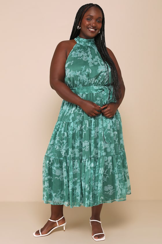 Float to You Green Floral Print Halter Tiered Midi Dress